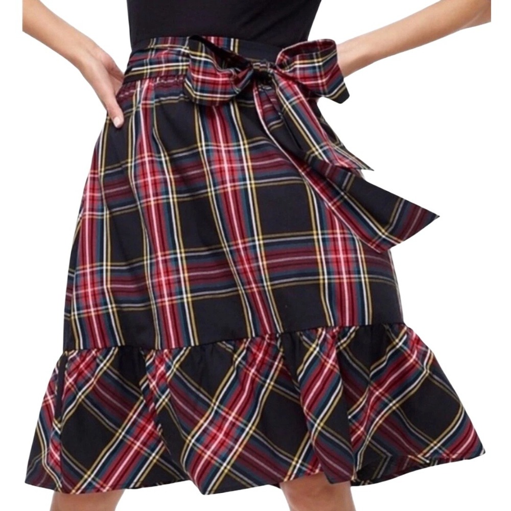 J.Crew Tartan Plaid Ruffle Skirt Bow Tie Waist Holiday Preppy Academia